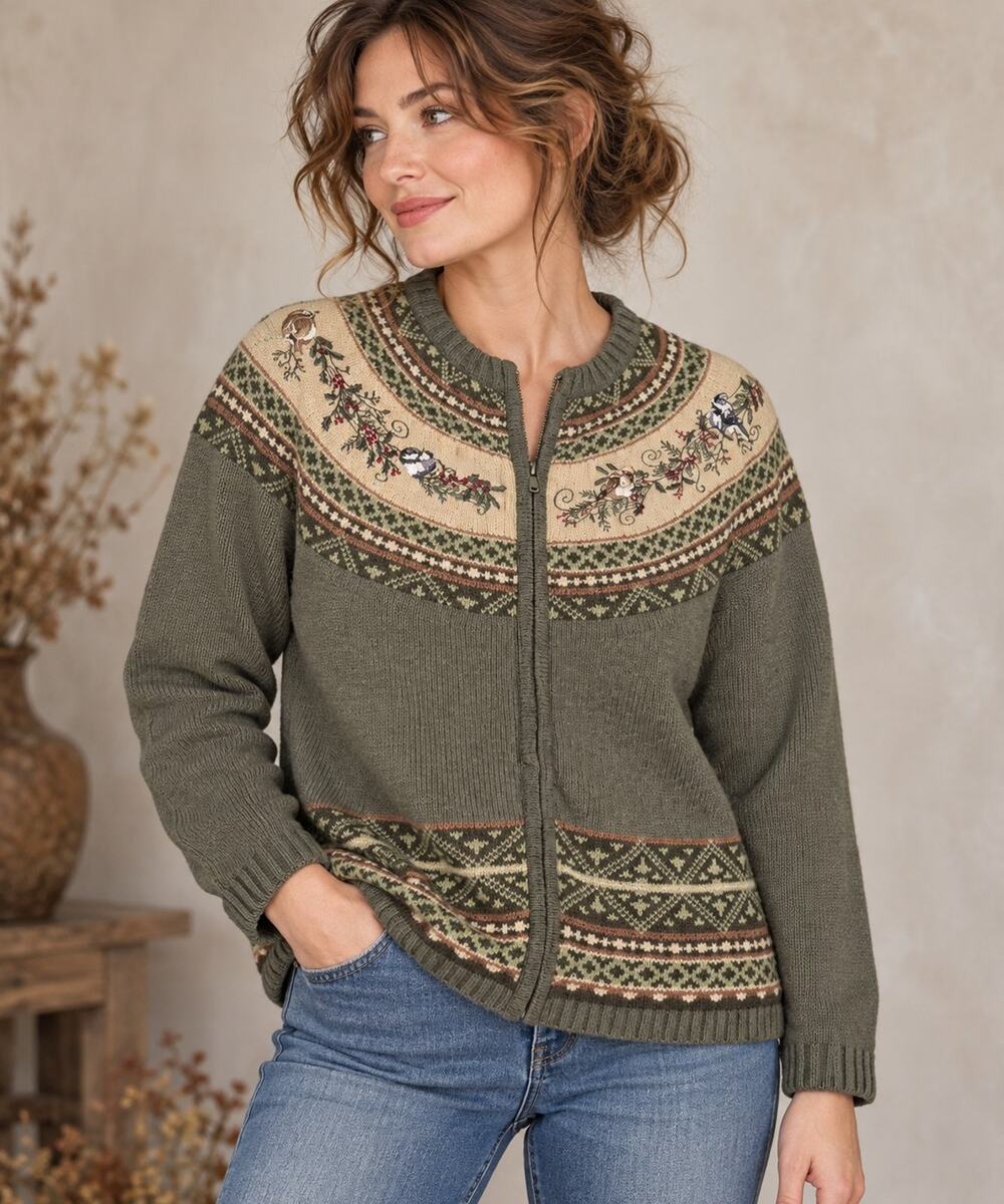 Croft & Barrow 2X Fair Isle Birds Embroidered Zip Cardigan Sweater Cottagecore